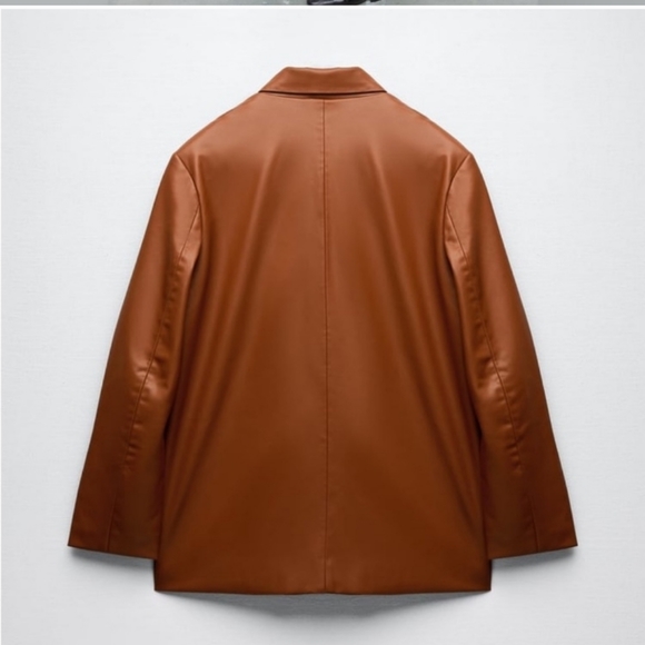 NWT Zara Balmain Style Oversized Leather Brown Camel Blazer Jacket - Picture 4 of 4
